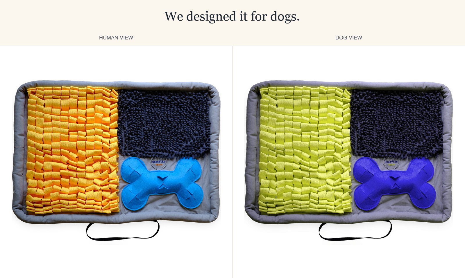 Side-by-side: the FurEver Yours mat as humans see it (left) and as dogs see it (right). The yellow chenille and blue bone toy remain vivid in both views — the brand's colour palette is calibrated to canine dichromacy.