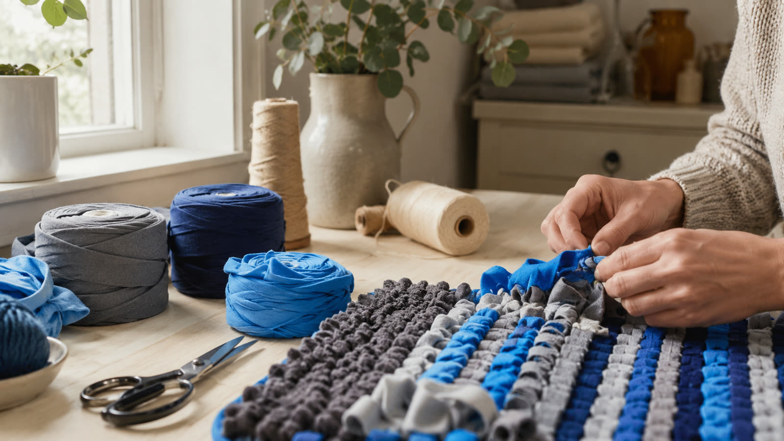 Hands working on a snuffle mat at a sunlit workshop bench — spools of blue and grey fabric, scissors, twine, and a partly-finished mat