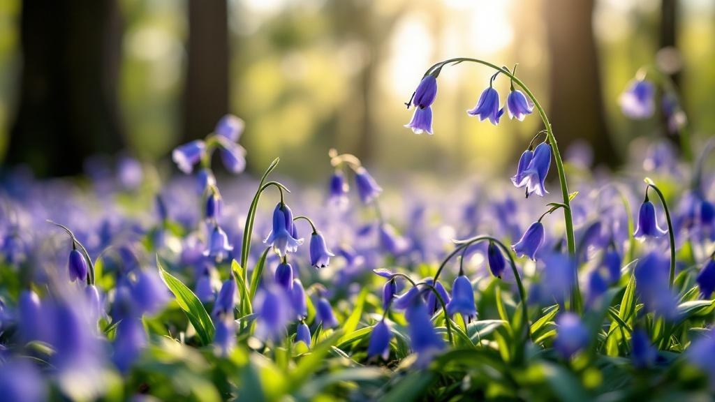 A carpet of native bluebells in dappled woodland sunlight