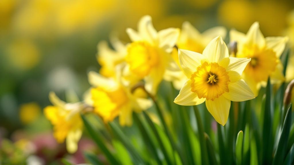 A clump of yellow trumpet daffodils in a garden bed