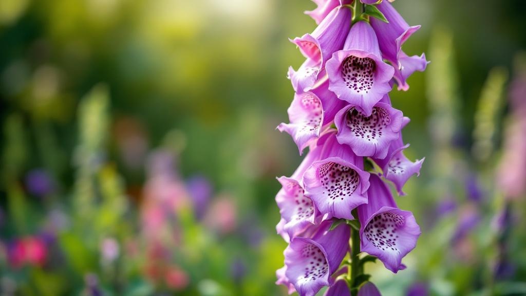 Tall purple foxglove flower spikes with spotted bell-shaped blooms