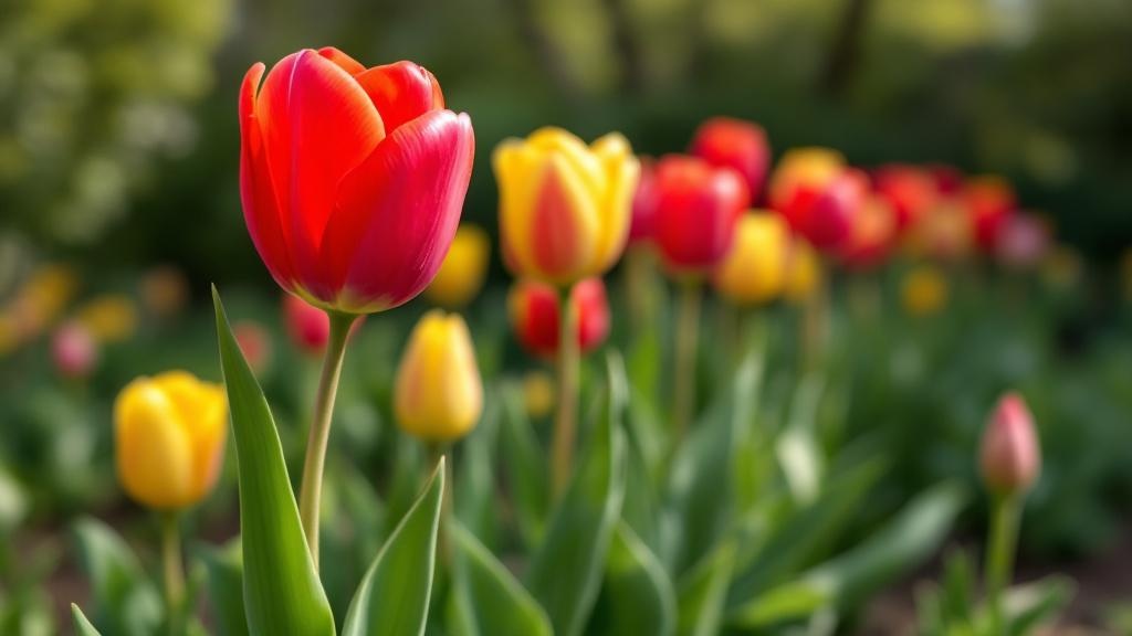 A row of red and yellow tulips against a hedge